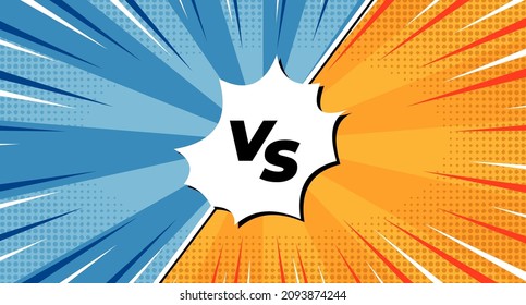 Logo of versus. Letters VS on background in comics style for sports and fight, martial arts, competition. Blue and orange background with halftone effect. Vector illustration