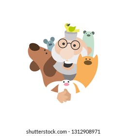 Logo of the veterinary clinic. Veterinary doctor with pets, cat, dog, mouse, bird, ferret and rabbit. Vector image isolated on white background.