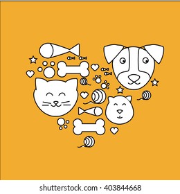 Logo veterinary clinic in the form of heart with a dog, cat, guinea pig, hamster, ball of thread, bone, fish