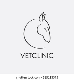logo veterinary clinic for horses, is designed as a contour line, black and white monochrome, happy horse head silhouette, tin line. vector illustration isolated on white background