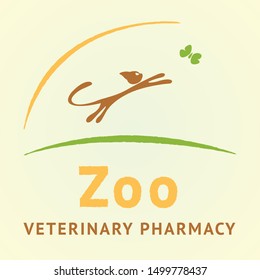 The logo of the veterinary pharmacy cat in the jump for a butterfly is located above the green line.