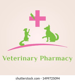 The logo of the veterinary pharmacy with a dog, cat, parrot and cross is located above the line