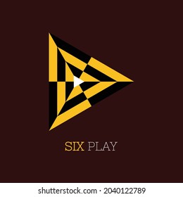 Logo for video. The flat logo of triangular play button in 6 fold rotational symmetry checkered pattern, with ‘Six Play’ logo text below. EPS8 vector.