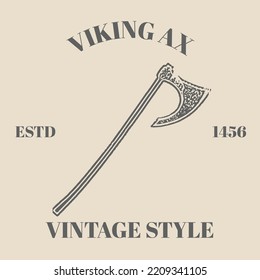Logo viking drakar, hacha, espada. Estilo vectorial retro vintage. ilustración de grabado aislado en el fondo de la crema. Elemento de diseño dibujado a mano para diseño de afiches, plantilla de tatuajes