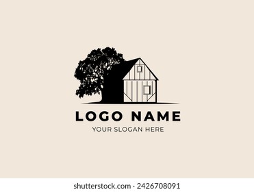 Logo Villa or House and big tree background. Hospitality logo design. Editable color