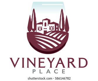 Logo Of A Villa On A Vineyard In A Wine Glass.