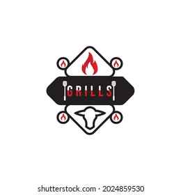 logo vintage bbq, barbeque. dengan desain api menyala, dan sendok bersilang