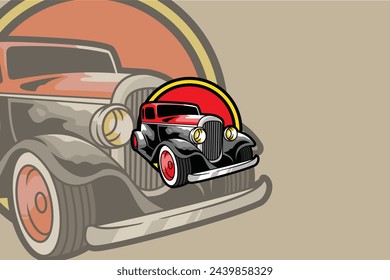 logo A vintage car is shown with a red sun in the background. The car is black and has a red wheel
