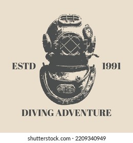 Logo vintage diving helmet Vector drawing of diving helmet in vintage retro style, isolated on cream background. Graphic illustration, hand drawing. Drawing for posters, decoration and print. template