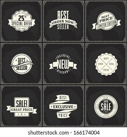 logo vintage emblem badge grunge star banner text retail price discount set of sale price discount ribbon labels on chalk blackboard background pattern logo vintage emblem badge grunge star banner tex