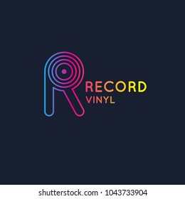 Logo of the Vinyl record. Letter R. Vector illustration music on dark background.