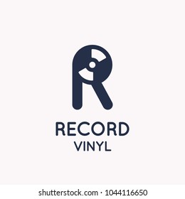 Logo of the Vinyl record. Letter R. Vector illustration music on white background.