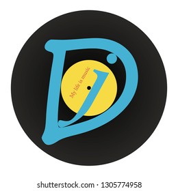 Logo with a vinyl record and the word DJ in the middle. Vector illustration.