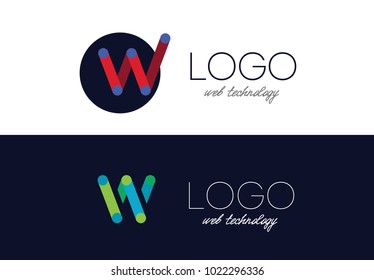 Logo W - web technology. IT, contact, flat sign, path. Red, blue line, development ways, design website company.