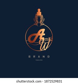 logo wa, aw. perfume bottle logo and lettering inspiration. copper colored logo