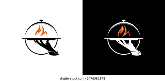 Logotipo de la mano del camarero sosteniendo la bandeja con el símbolo del fuego. Menú de diseño restaurante, comedor, cafetería