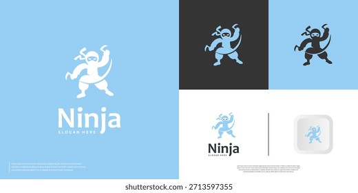 Logo de un guerrero con un concepto de guerrero ninja, lindo estilo de dibujos animados, ícono japonés, Plantilla de Diseño gráfico de Vector.