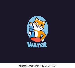 The logo water with kitty. Logotype cat with lettering, funny animal, cartoon character, badge, sticker, emblem on dark background. Vector illustration, flat, line art