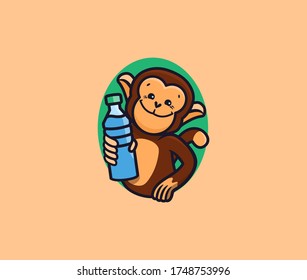 Logo water with monkey. Logotype with lettering, funny animal, cartoon character, badge, sticker, emblem on white background. Vector illustration, flat, line art
