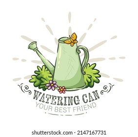 Logo of watering can with flowers arrangement, spring garden emblem