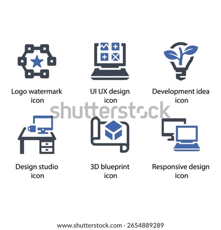 Logo watermark, UI UX design, Development idea, Design studio, 3D blueprint, Responsive design, icon