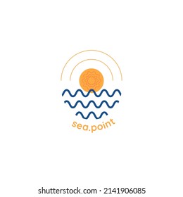 A logo for a water-related business. Evening or morning sun with sea waves and the name of the business.