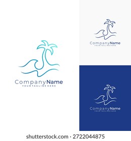 Logo de olas y cocoteros en una hermosa playa, estilo línea