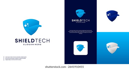 logo with waves and shield, security and defense symbol, digital technology system, graphic vector design.