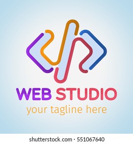 Logo for web studio painted colored flowing lines.. Software and app for design company logo. Web studio or website agency logo. Material design colors. Vector illustration.