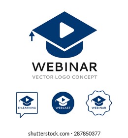 Logo of webinar. The sign includes graduation cap, play icon and cursor