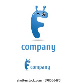 Logo. Weird character in letter F shape. Alien or snail. Logo for technological or digital company, advertising agency, kids staff.