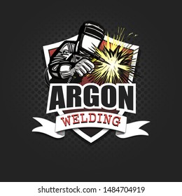 Logo welder in a mask performing argon welding of the metal. Argon welding logo template design. Isolated on black background. Vector illustration