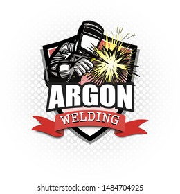 Logo welder in a mask performing argon welding of the metal. Argon welding logo template design. Isolated on white background. Vector illustration