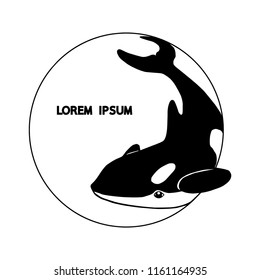 Logo whale killer whale isolated on white background. Monochrome symbol of environmental protection. Hand drawn monochrome design vector black sketch illustration.