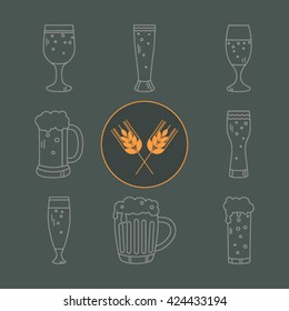 Logo and wheat beer in various circles. Linear, graphic style icons. vector illustration
