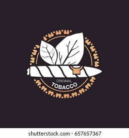 Logo White Cigar And Leaves Tabacco On Black Background.