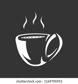Logo of a white coffee mug on a black background. Vector illustration for menu and web design