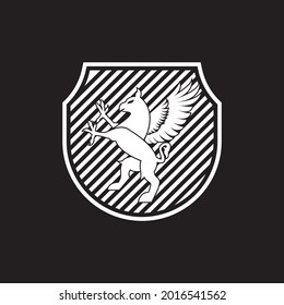 A logo of a white griffin in collaboration with a shield has the meaning of being strong, firm, and wise. Perfect for your creative industry logo.