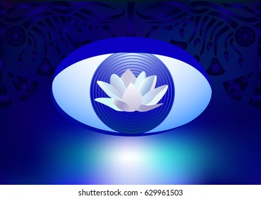 Logo with white lotus and  third eye on a background of a floral pattern. Fantasy background.