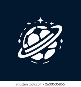 logotipo Bola de futebol branca cercada por anel e estrelas no fundo azul escuro. Ideal para esportes, futebol, competição, equipe, conceitos de vitória.