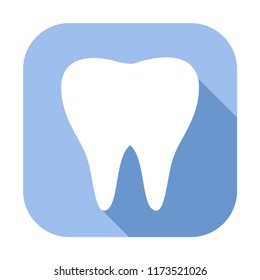 Logo of a white tooth on a blue square. A symbol of a good dentist. Vector in the style of flat.