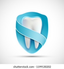 Logo white tooth in the shield. Stock vector icon.