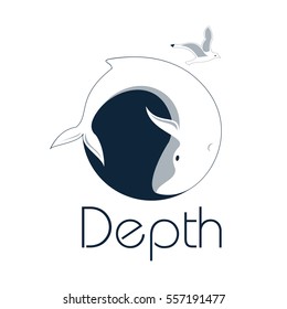 Logo with a white whale above deep blue water and a flying seagull above it. Logo for sea travel, tourism, aquariums, ecological organizations.