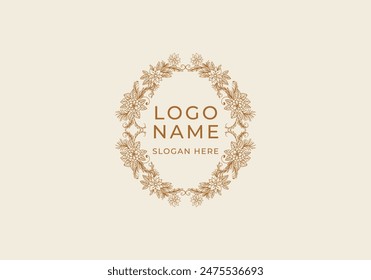 Logo wild flower bouquet symmetrically. Logo bouquet flower, logo floral, lineart vintage. Editable file