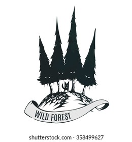 Logo wild forest with fox. dark green shabby texture