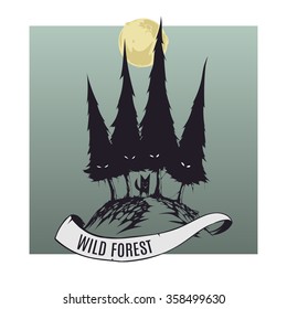 Logo wild forest with fox and the moon on a green-gray background. 