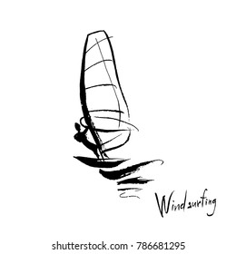 Logo for windsurfing with sail and waves.