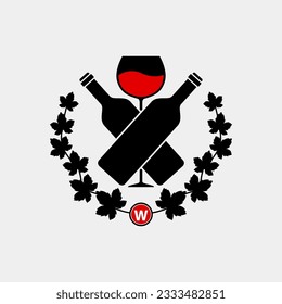 Logo Wine with bottle and wineglass. Vector Illustration