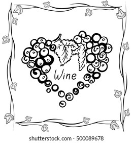 Logo for wine. Grape bunches. The shape of the heart. Hand drawn wine concept for winery products, harvest, wine list, wine tasting menu and emblem design. Vector illustration isolated on white.