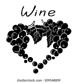 Logo for wine. Grape bunches. The shape of the heart. Hand drawn wine concept for winery products, harvest, wine list, wine tasting menu and emblem design. Vector illustration isolated on white.